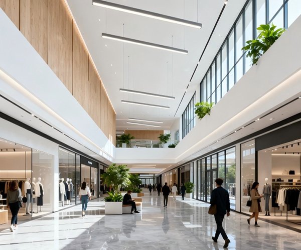 Low-rise shopping mall, restaurants