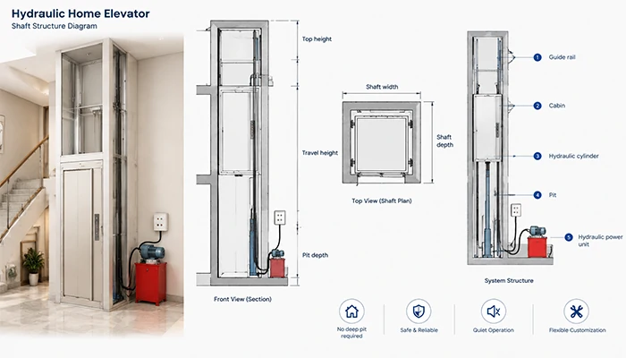 Kích thước tối thiểu của giếng thang máy thủy lực dùng trong gia đình